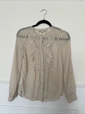 LOFT Cream Blouse with Black Polka Dots and Ruffle Front